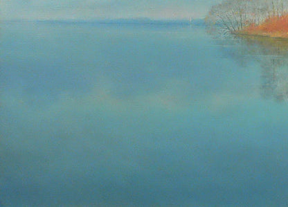 Serene watercolor lake with Vasily Korkishko St. Nicholas church reflection