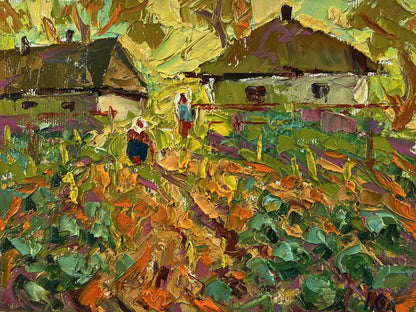 Vibrant impressionist oil painting Yellow sunset in the village by Oleksiy Ivanyuk