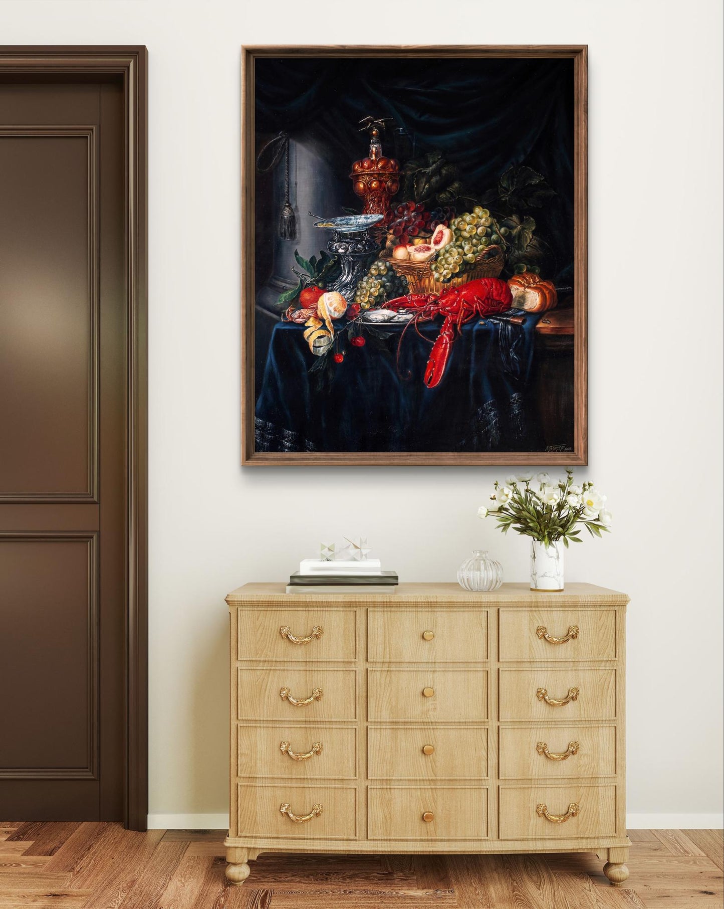 Oil painting Still Life with a Golden Cup by Valeriy Bulat in dark frame
