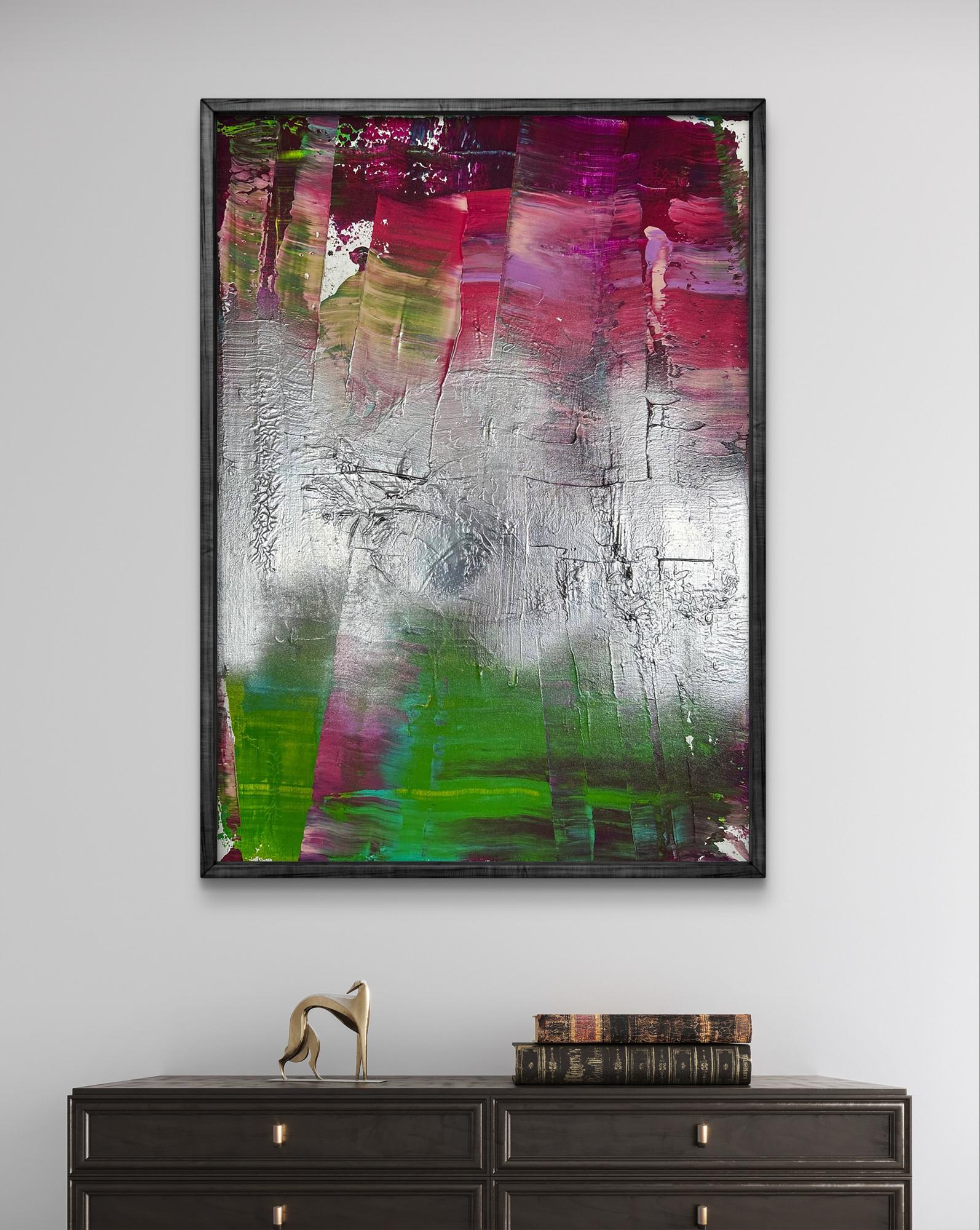 Vibrant Mirror of the Soul acrylic painting by Olga Melezhik with magenta, green, silver strokes