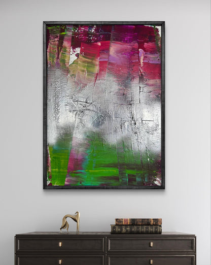 Vibrant Mirror of the Soul acrylic painting by Olga Melezhik with magenta, green, silver strokes