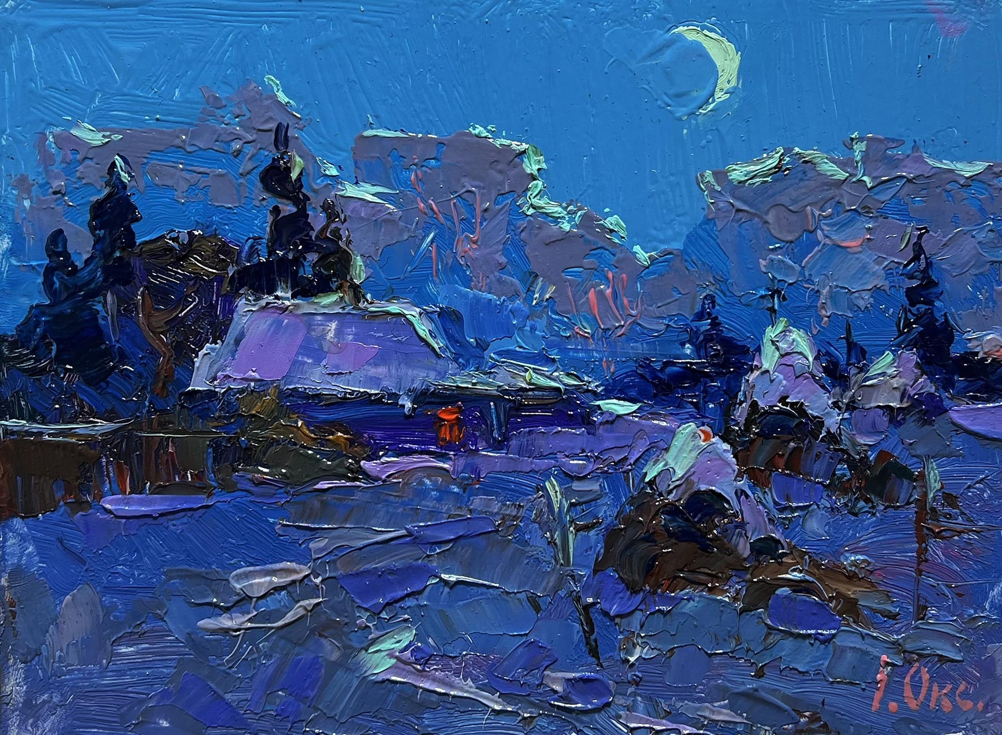 Oil painting Moonlit winter night by Oksana Ivanyuk snowy landscape