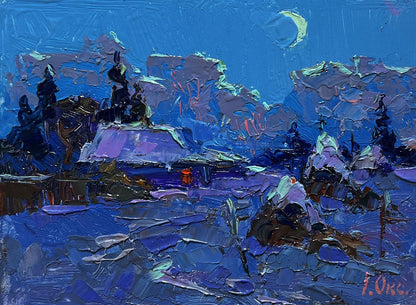 Oil painting Moonlit winter night by Oksana Ivanyuk snowy landscape