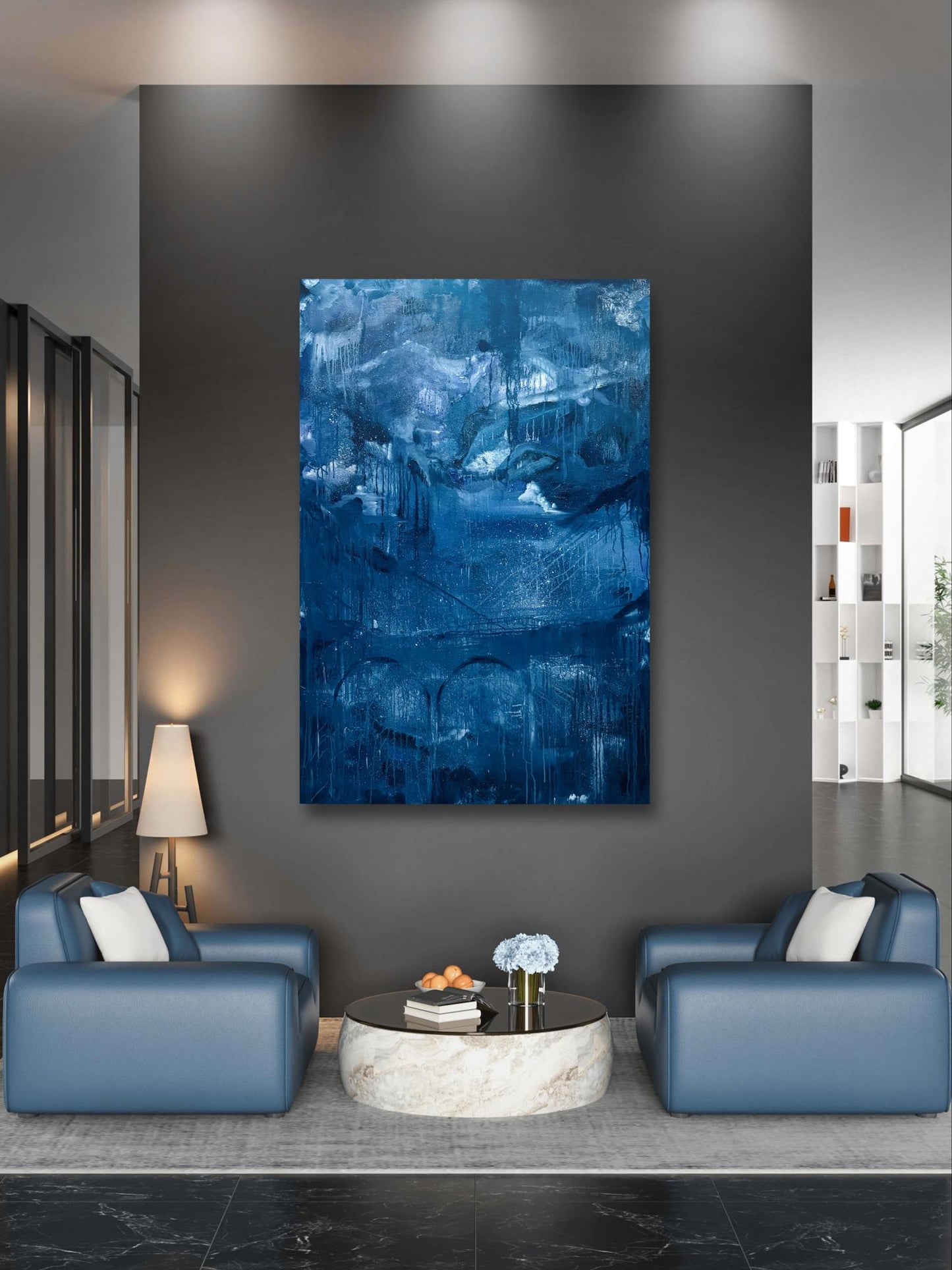 Oil painting Future city by Victoria Kagalovska in bold blue hues on gray wall