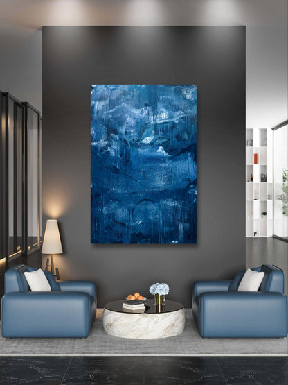 Oil painting Future city by Victoria Kagalovska in bold blue hues on gray wall