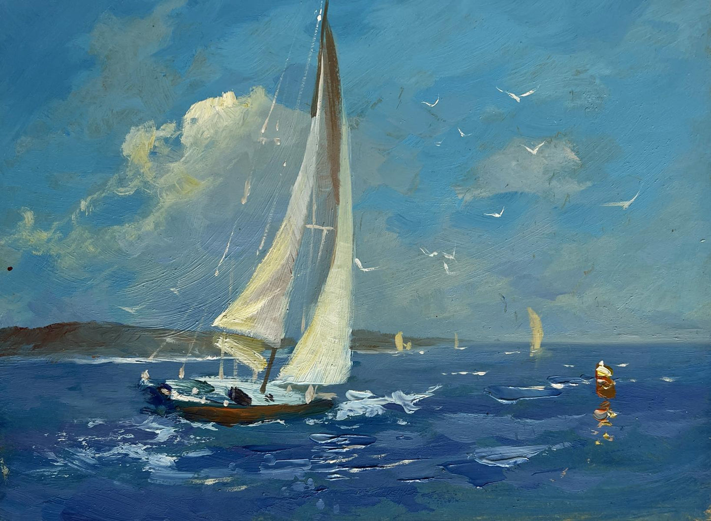 Oil painting of sailboat with cream sails on blue sea by Yuriy Suprunchuk