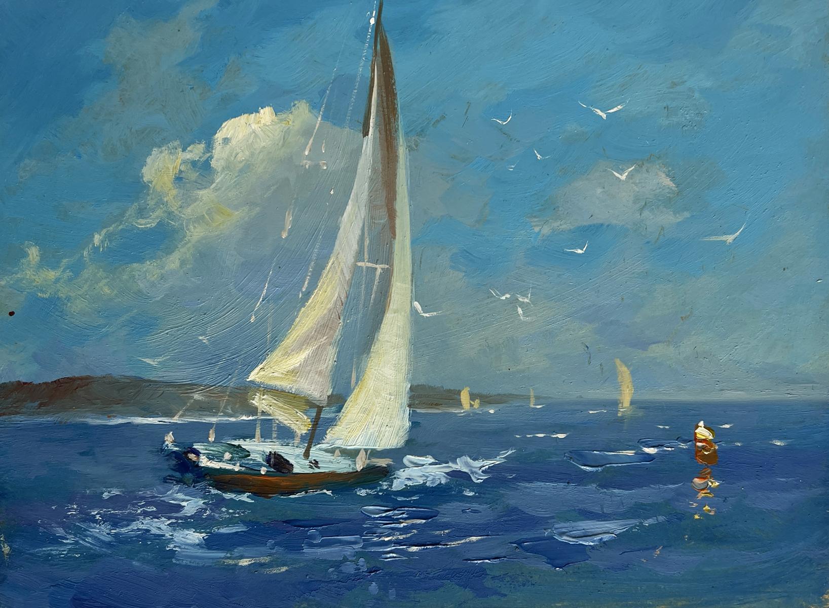Oil painting of sailboat with cream sails on blue sea by Yuriy Suprunchuk