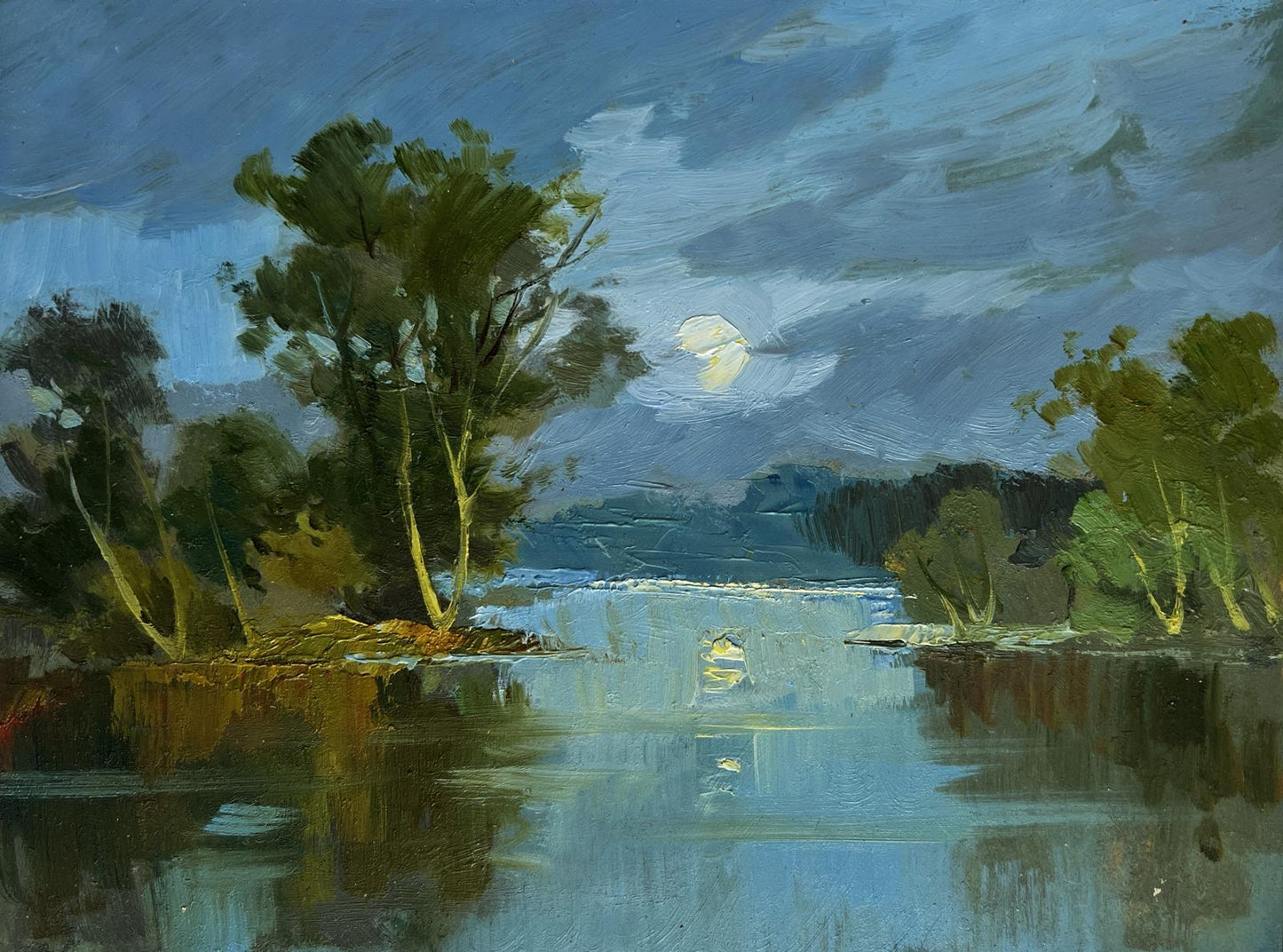 Serene twilight river oil painting by Yuriy Suprunchuk, Peace and quiet in nature