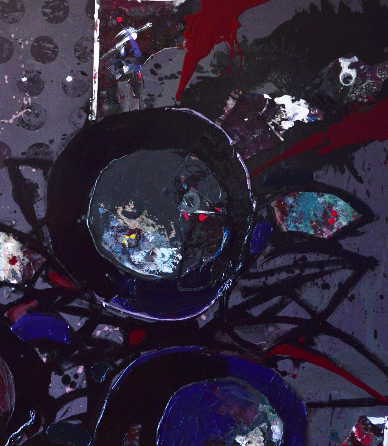 Oil painting Evening Still Life by Natalia Korf-Ivaniuk with bold black blue red splatters
