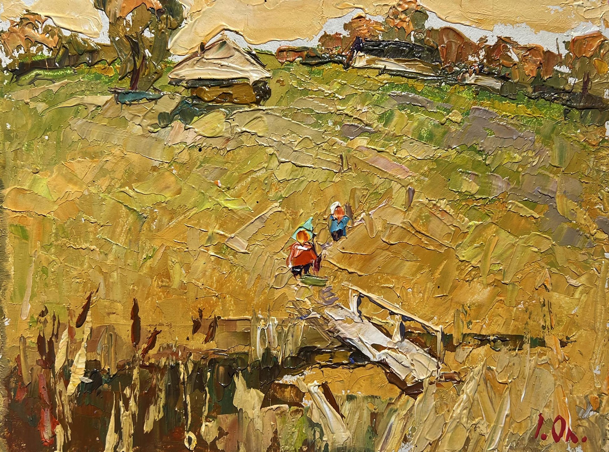 Oil painting by Oleksiy Ivanyuk: village road to reservoir with bridge figures