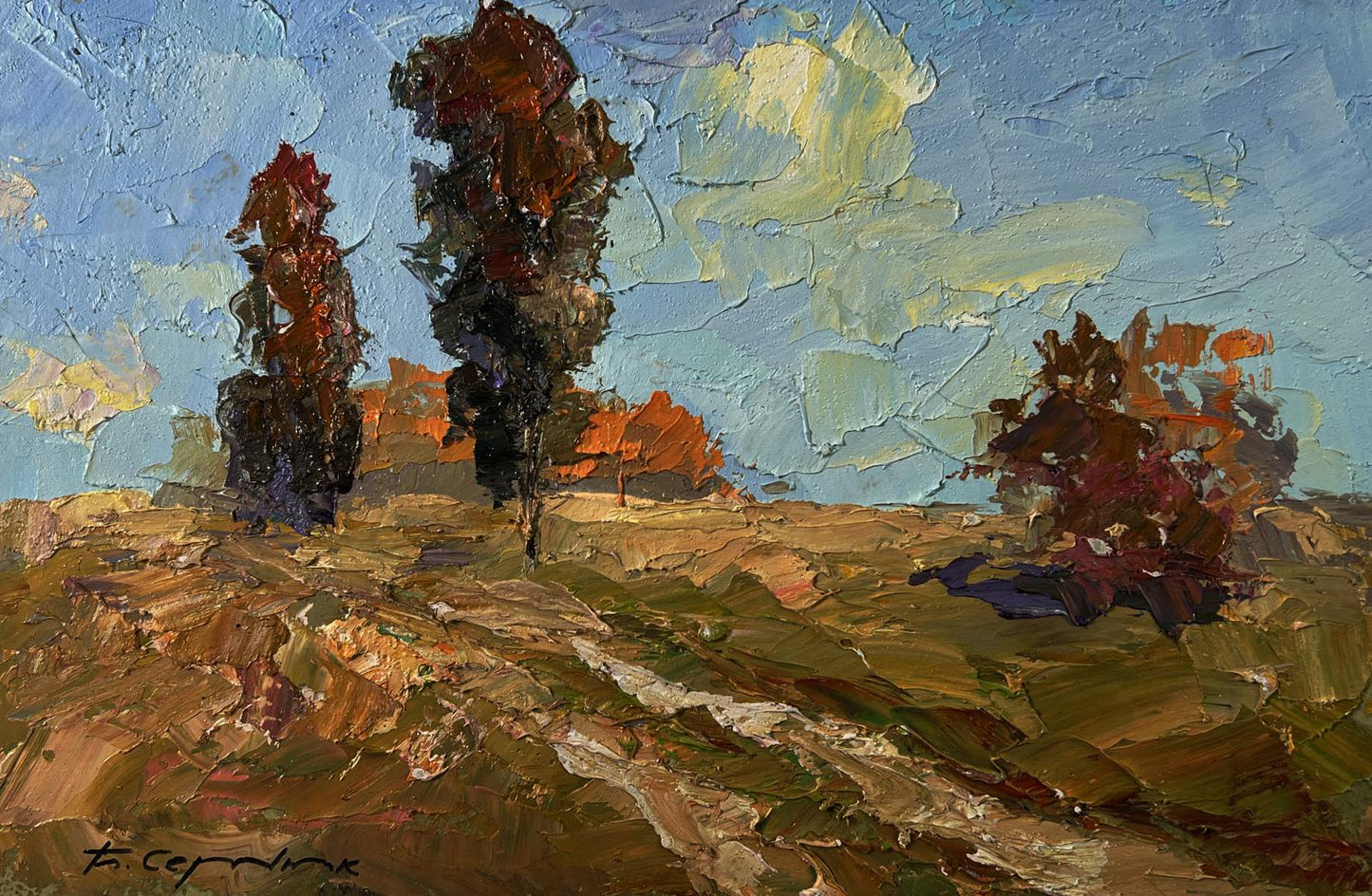 Impasto oil painting Across the autumn field by Boris Serdyuk with trees