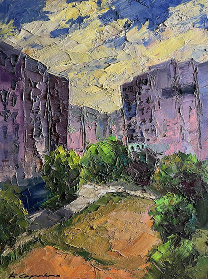 Vibrant impressionist oil painting of canyon by Boris Serdyuk