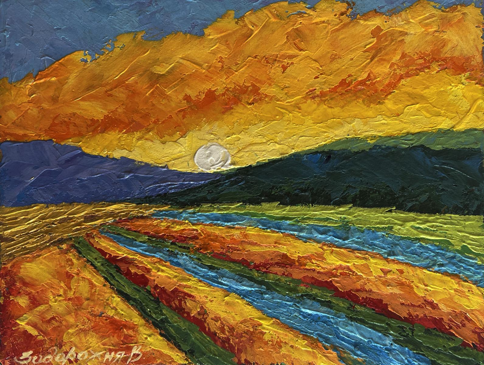 Vibrant oil painting Shades of fiery sunset by V. Zadorozhnya over hills