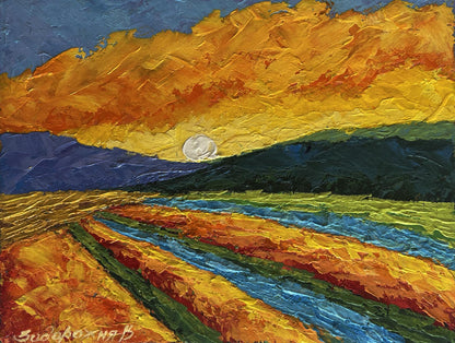 Vibrant oil painting Shades of fiery sunset by V. Zadorozhnya over hills