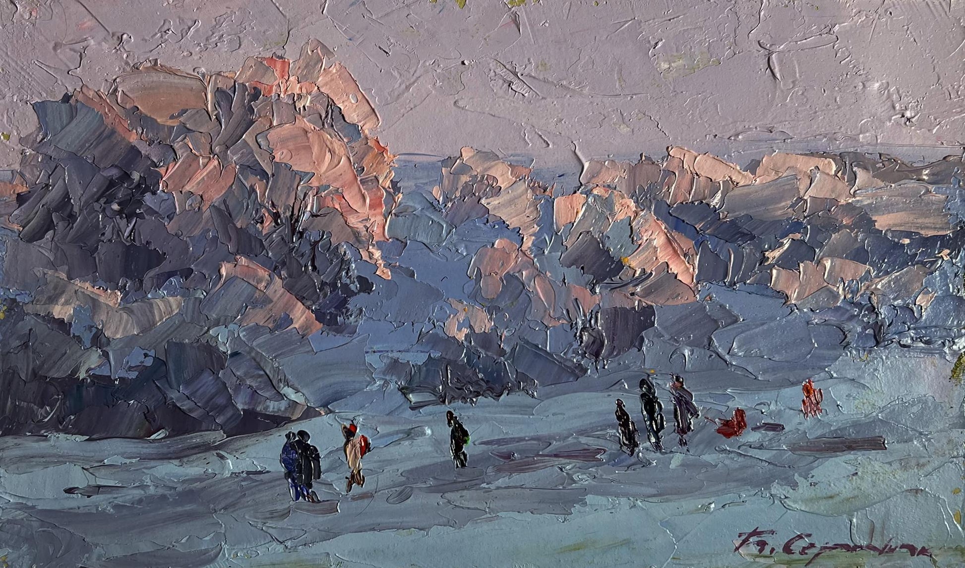 Oil painting by Boris Serdyuk: figures walking snowy rocky landscape