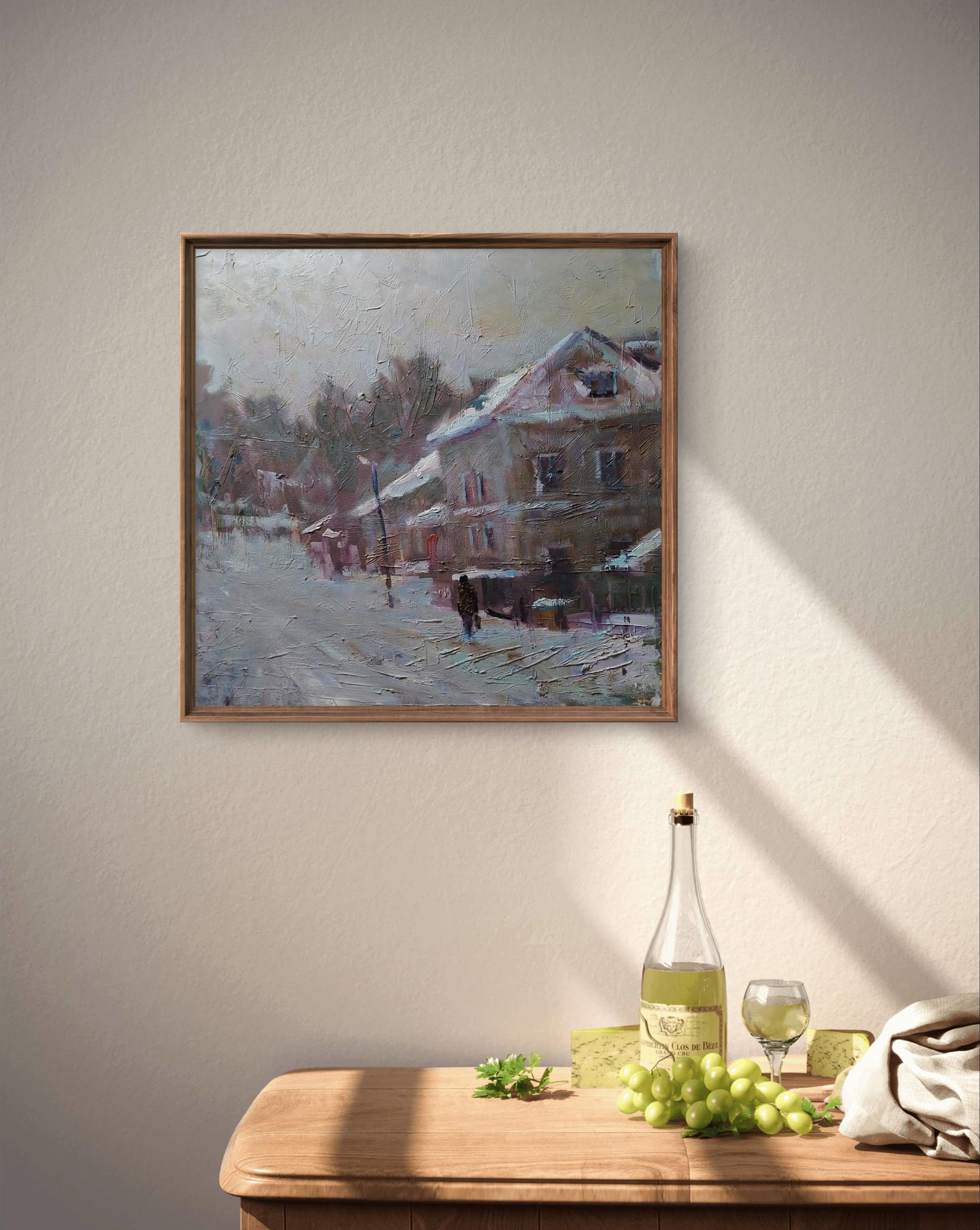 Framed oil painting of snowy village street by Opishnia Volodymyr Pashchenko