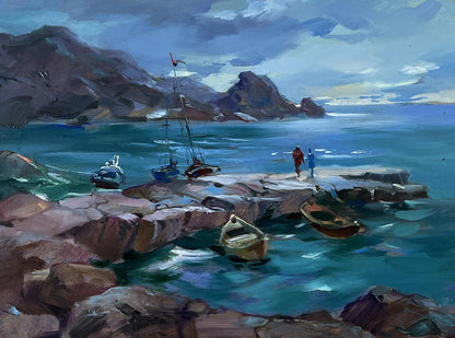 Oil painting Bridge to the Sea by Yuriy Suprunchuk: serene rocky coast with boats