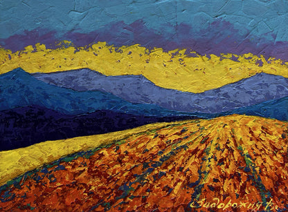 Oil painting The last ray of sunshine by V. Zadorozhnya, purple mountains, yellow sky