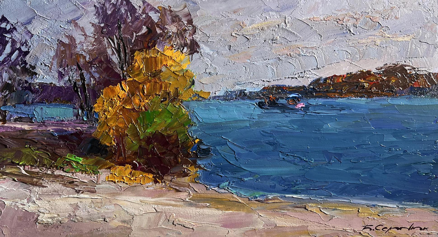 Oil painting Evening after a thunderstorm by Boris Serdyuk: lakeside autumn scene