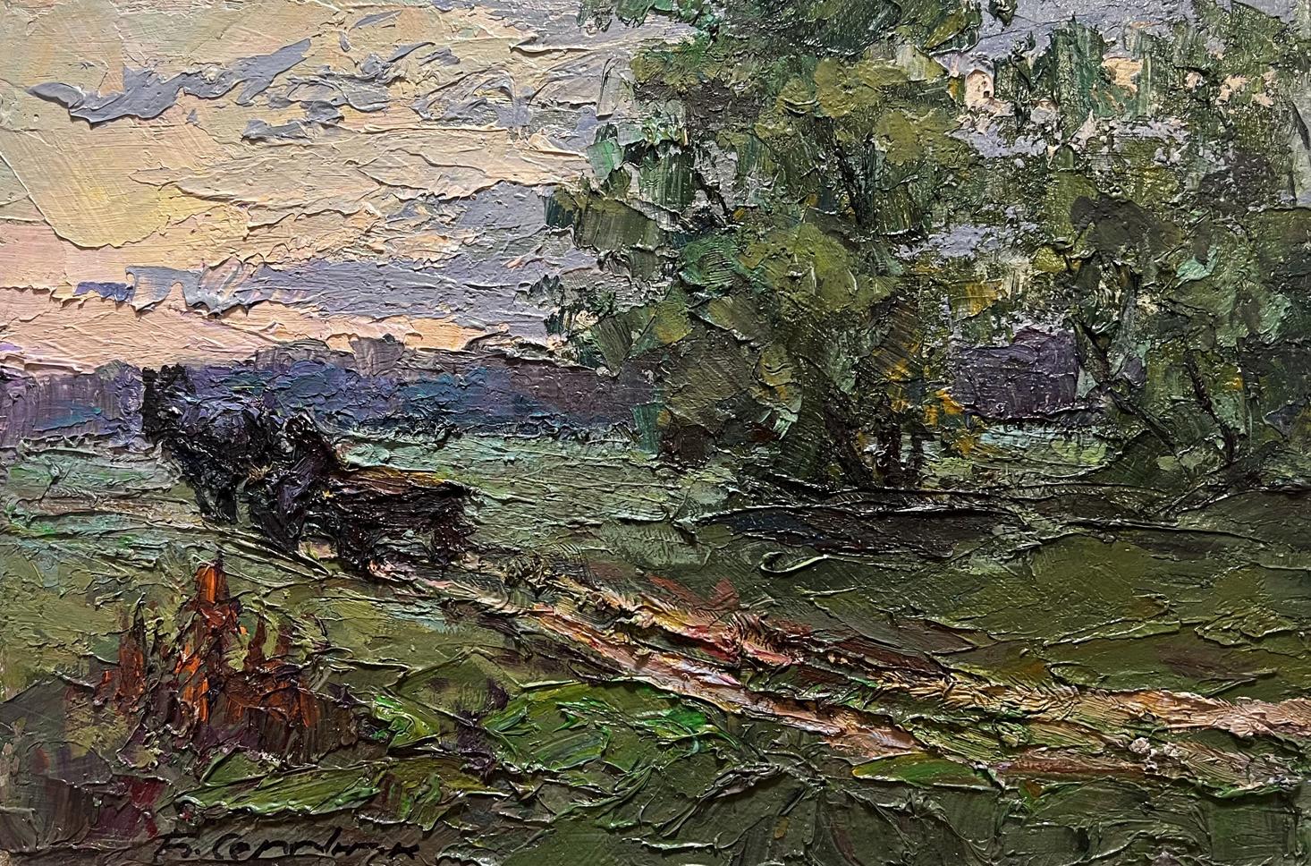 Impasto oil painting Along the Country Road by Boris Serdyuk: dark horse cart on path