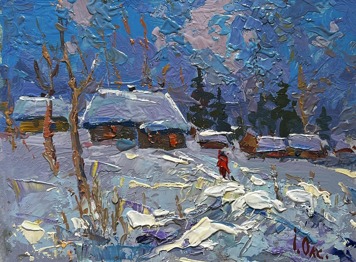 Oil painting by Oksana Ivanyuk: vibrant red coat in snowy village