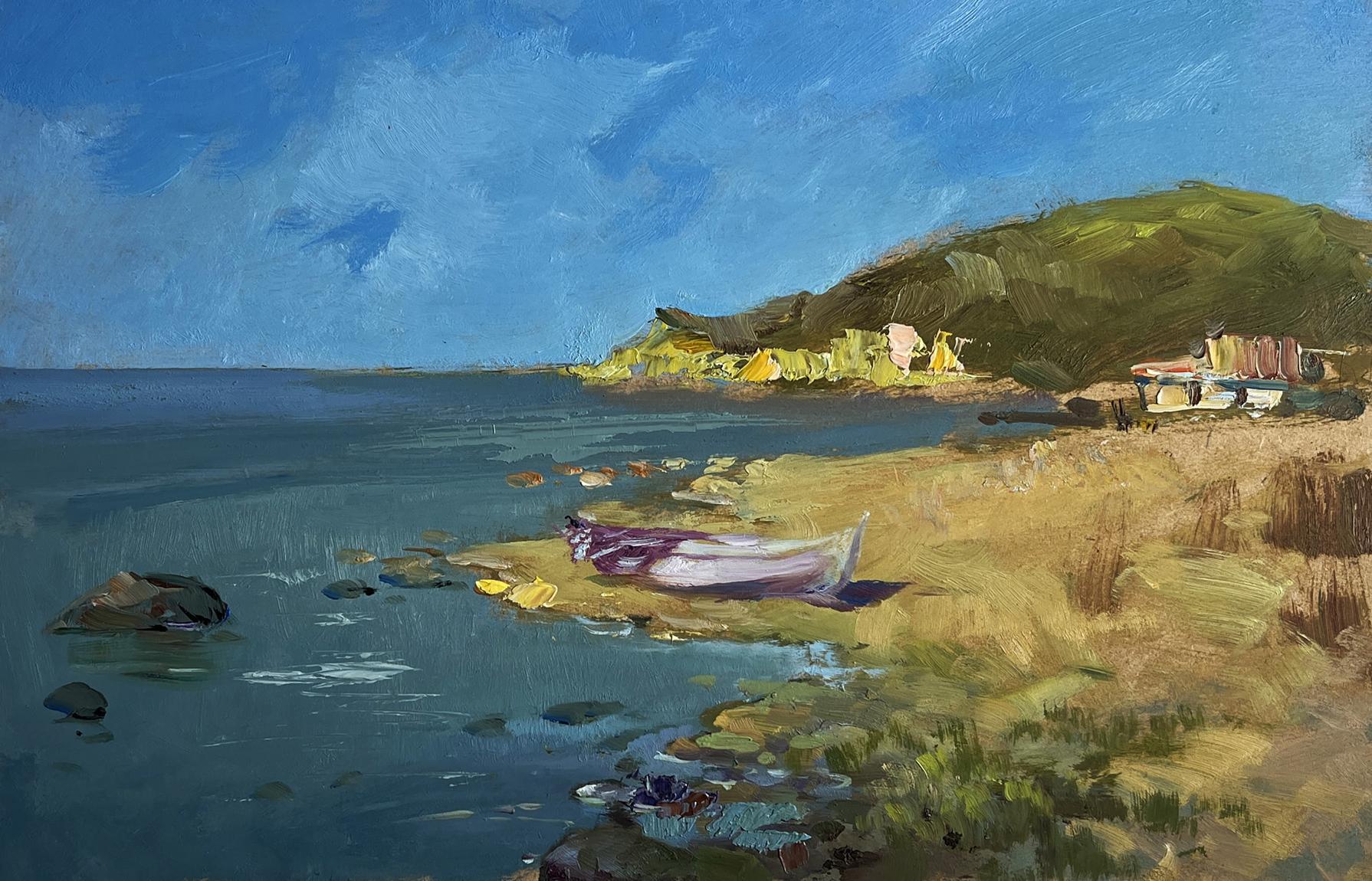 Oil painting of small white purple rowboat on sunlit sandy shore by Yuriy Suprunchuk