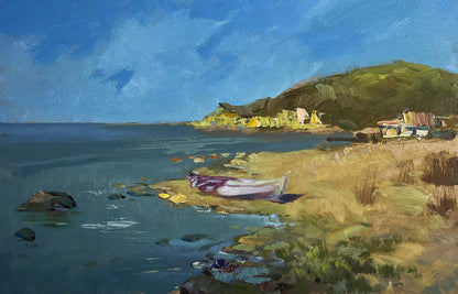 Oil painting of small white purple rowboat on sunlit sandy shore by Yuriy Suprunchuk