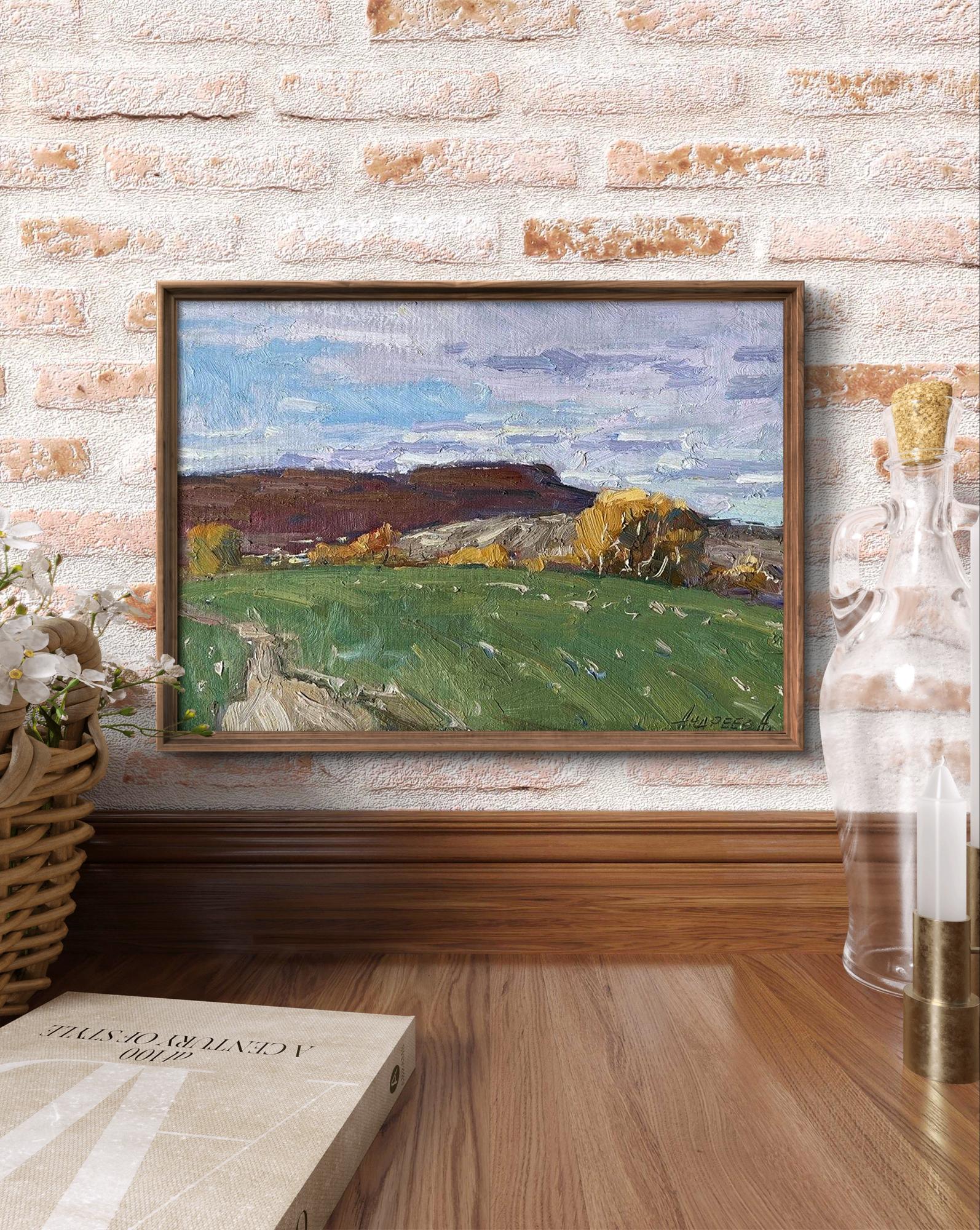 Oil painting In a green field by Oleksandr Andreev in wooden frame
