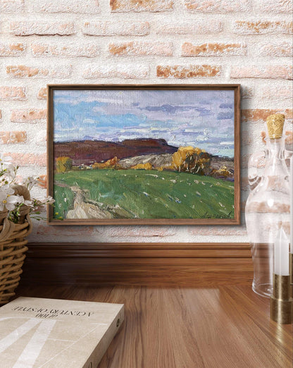 Oil painting In a green field by Oleksandr Andreev in wooden frame