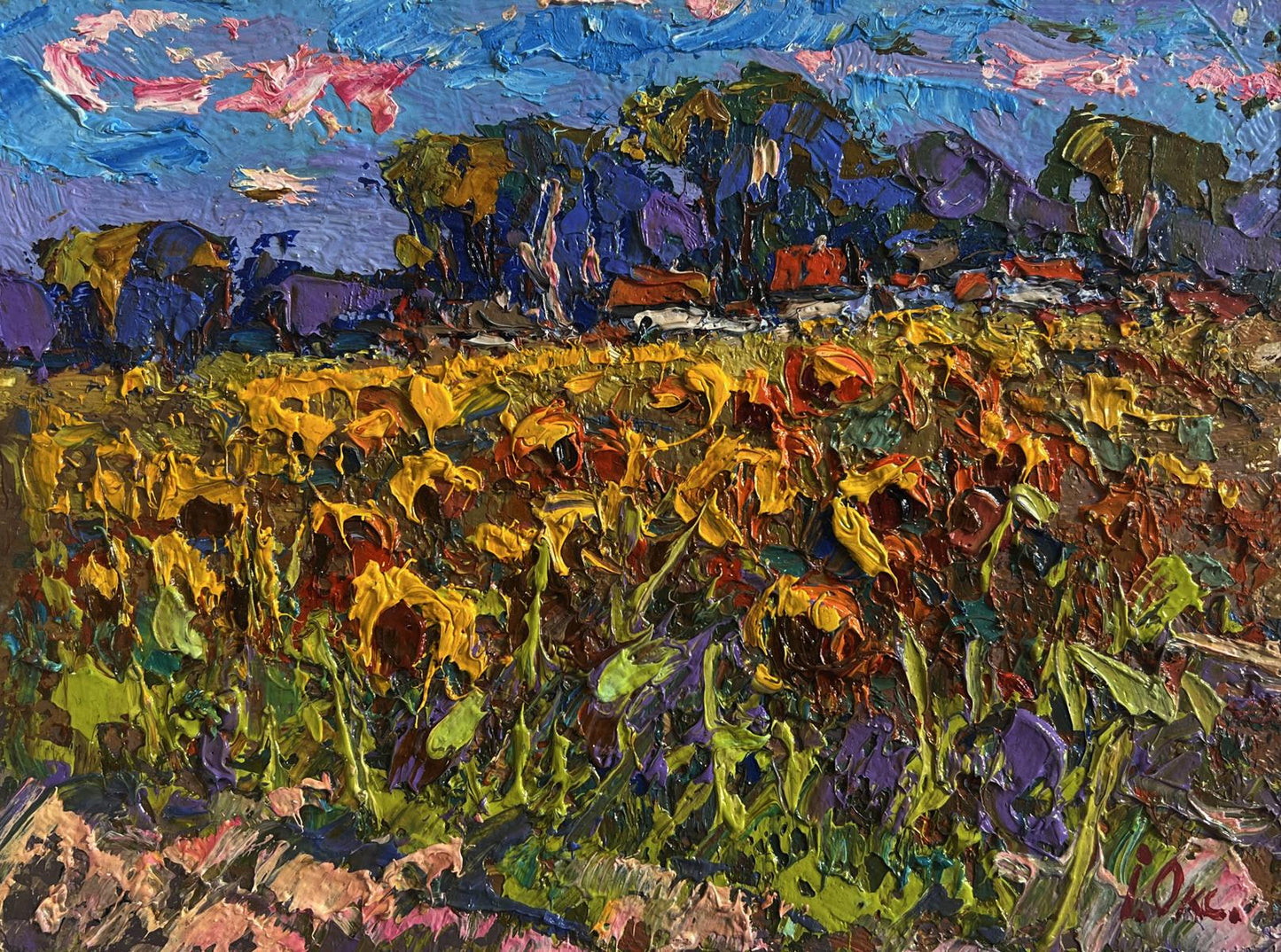 Vibrant impressionist oil painting of sunflower field by Oksana Ivanyuk