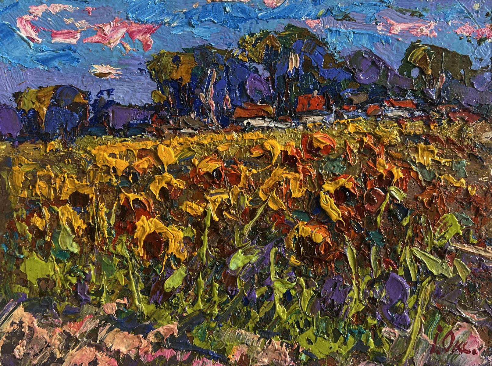 Vibrant impressionist oil painting of sunflower field by Oksana Ivanyuk