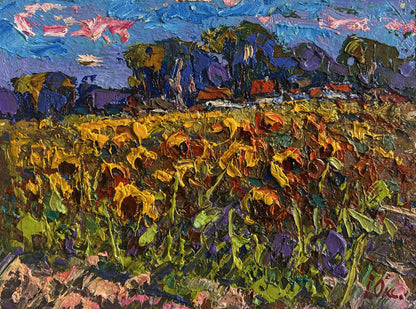 Vibrant impressionist oil painting of sunflower field by Oksana Ivanyuk