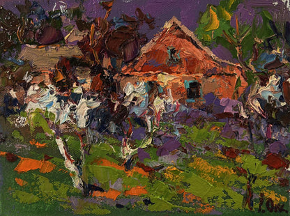 Oil painting Spring in the village by Oksana Ivanyuk, rustic house with orange roof