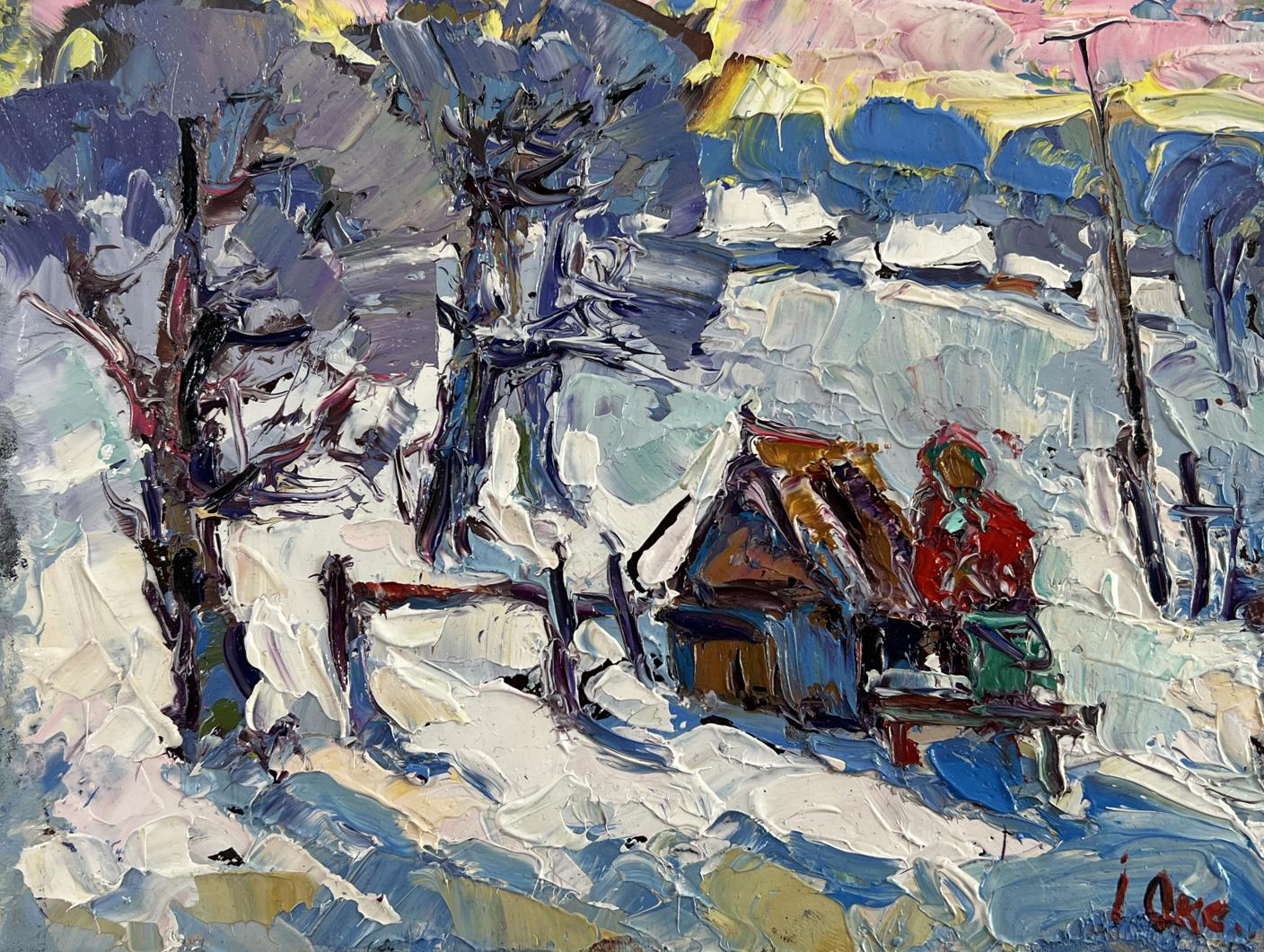 Vibrant impressionist oil painting The icy breath of the morning by Oksana Ivanyuk snowy cabin scene