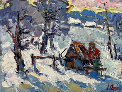 Vibrant impressionist oil painting The icy breath of the morning by Oksana Ivanyuk snowy cabin scene