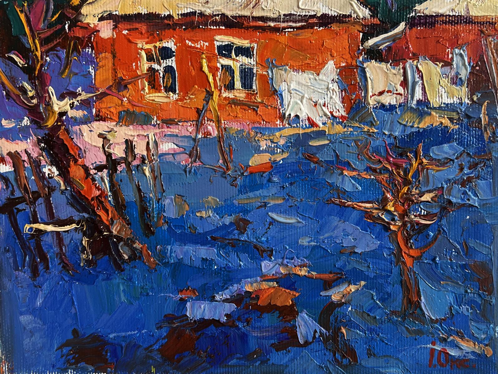 Oil painting The last days of winter by Oksana Ivanyuk: vibrant orange house in snowy blue landscape
