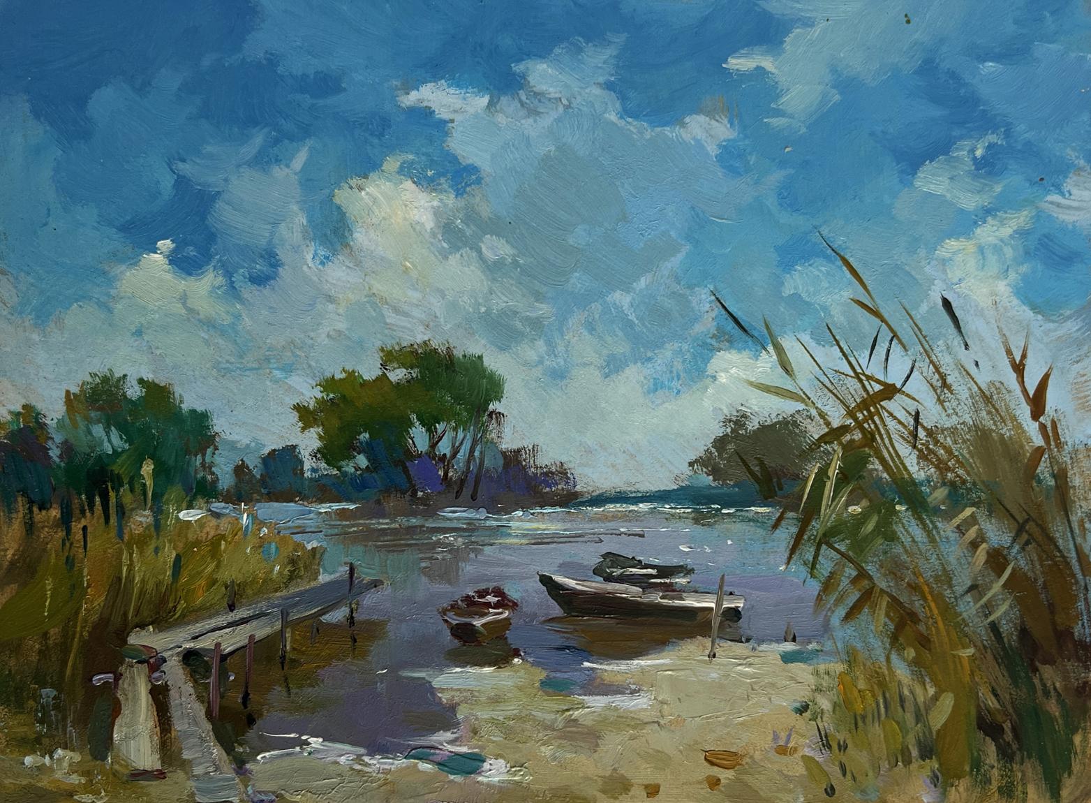 Serene oil painting by Yuriy Suprunchuk: boats on calm water under blue sky