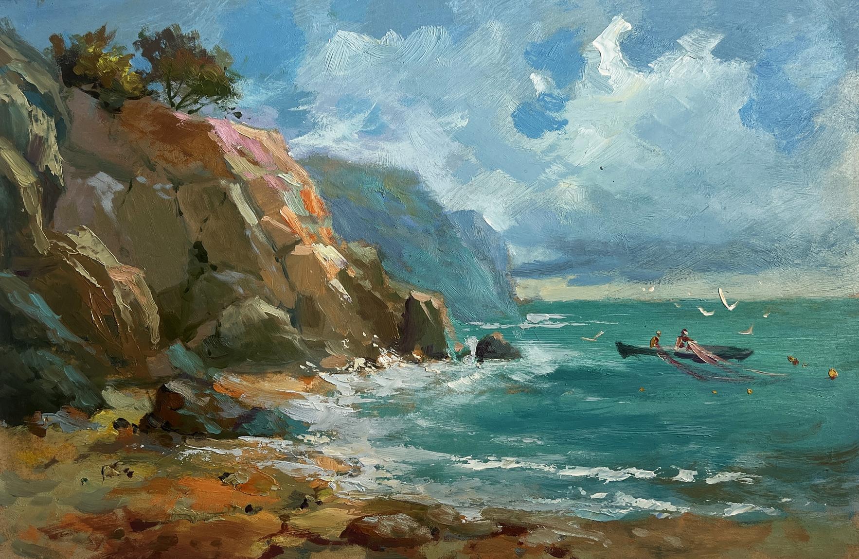 Vibrant oil painting by Yuriy Suprunchuk of boat sailing to shore on turquoise waves