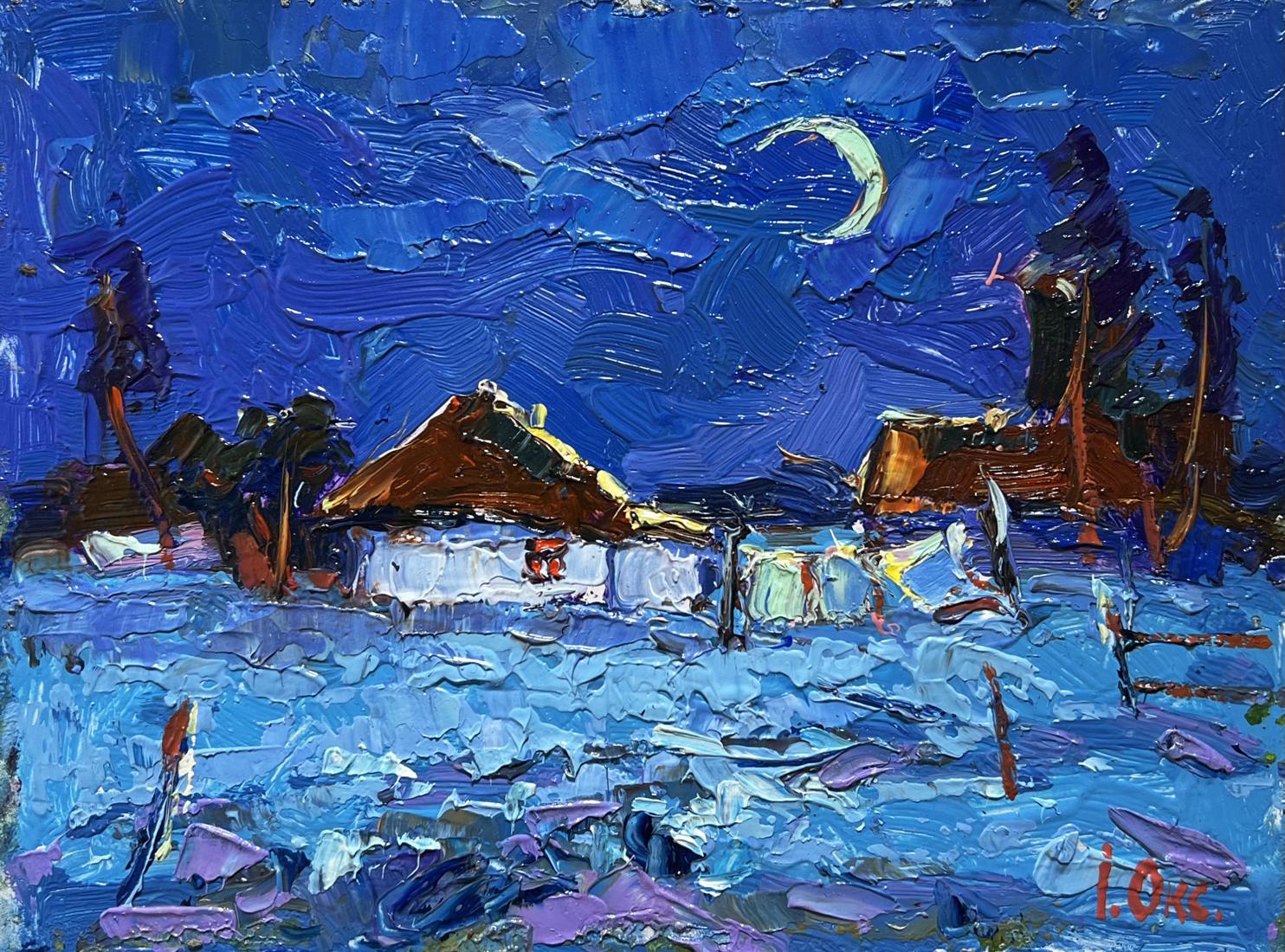 Oil painting Moonlit night by Oksana Ivanyuk: textured coastal village