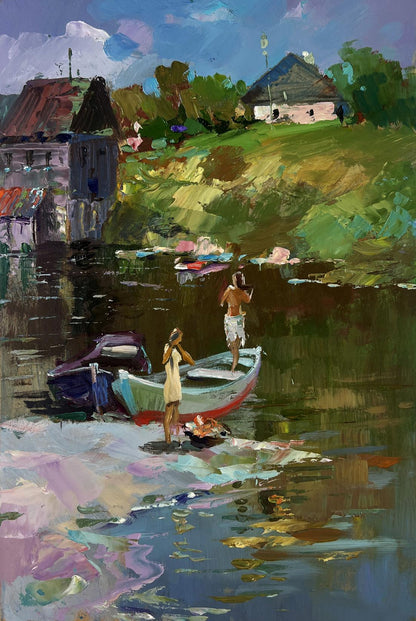 Oil painting by Yuri Suprunchuk: light blue red rowboat with white interior docked
