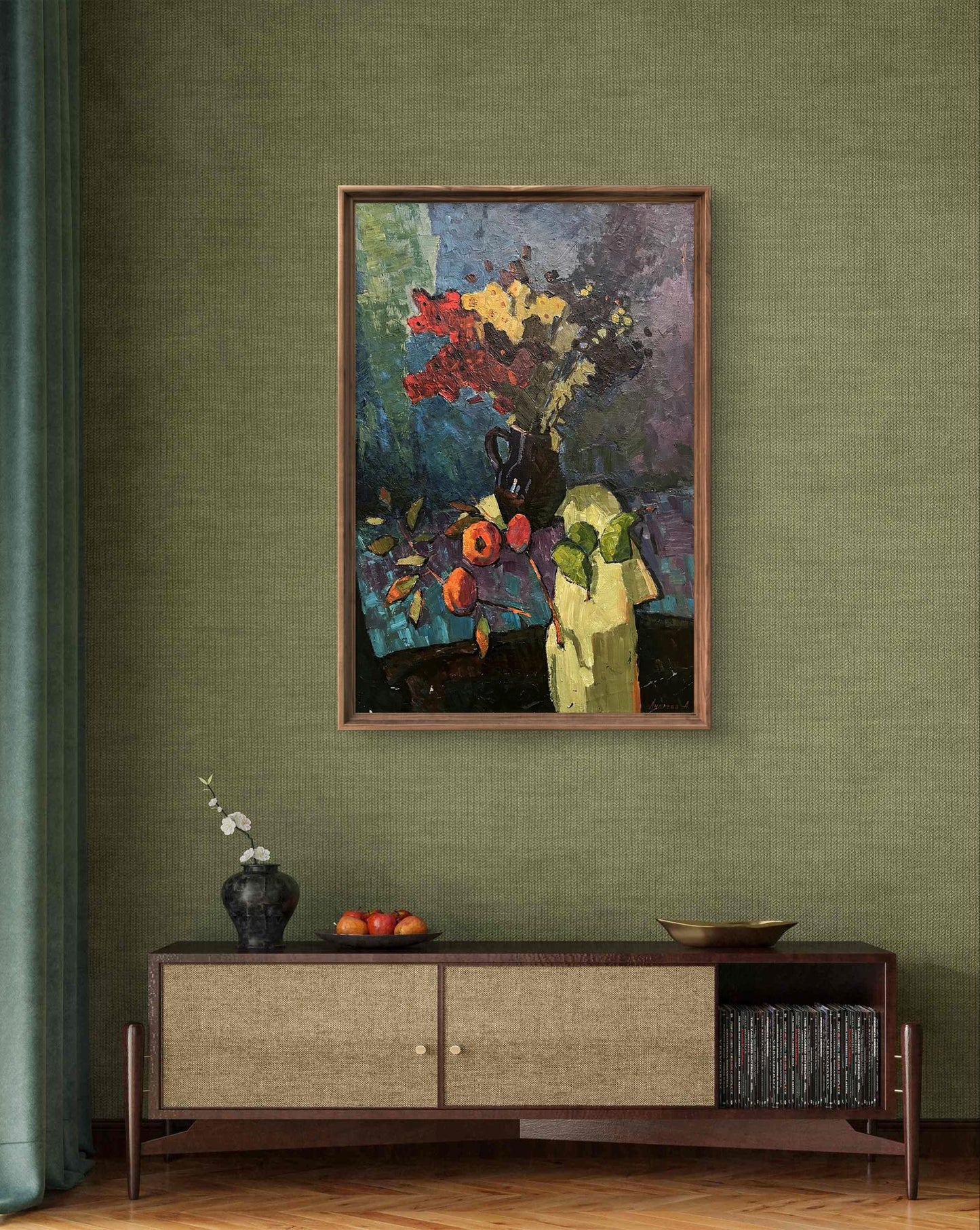 Oil painting Autumn flowers and fruits by Oleksandr Andreev, vibrant bouquet