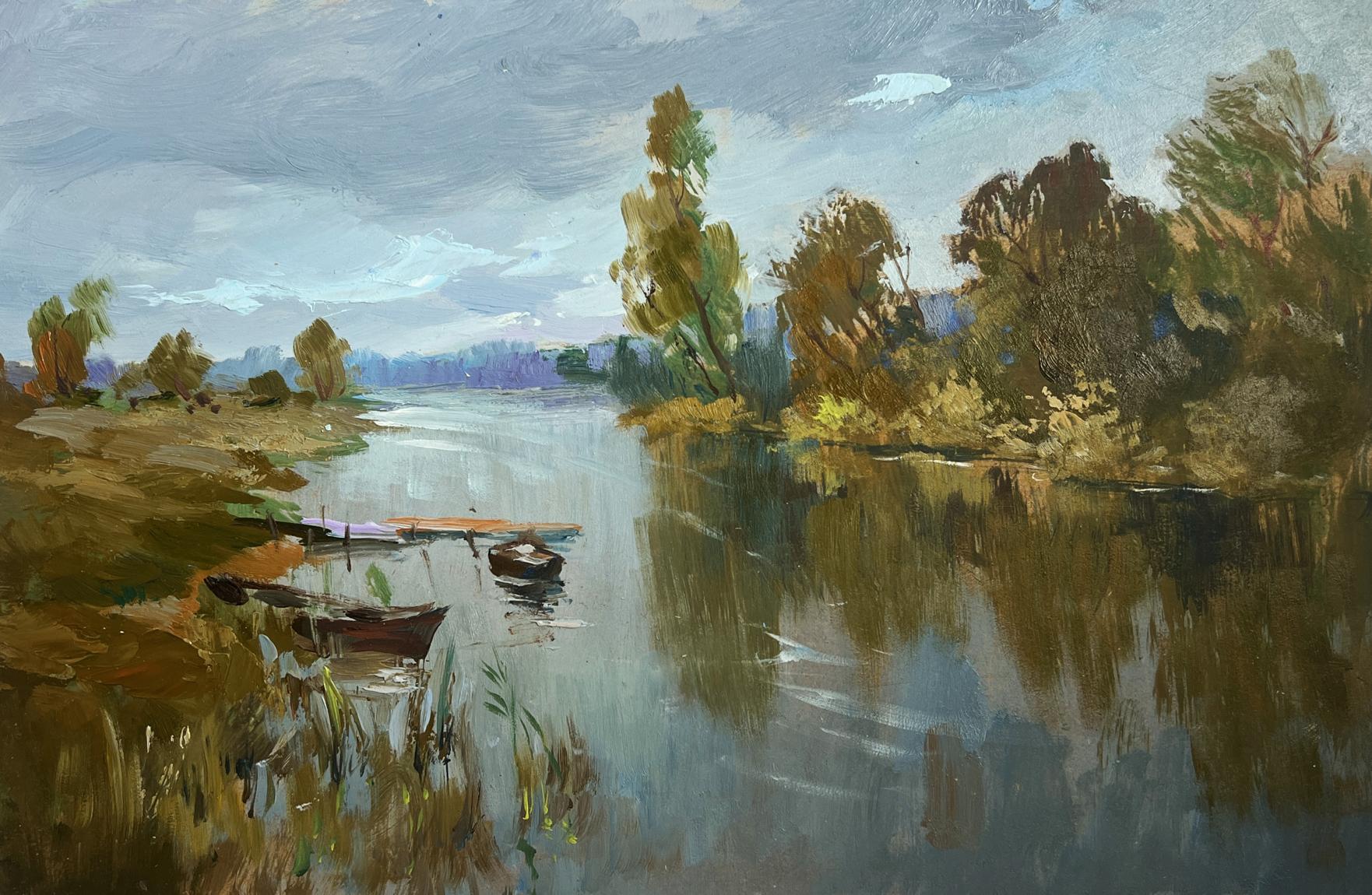 Serene impressionistic oil painting Ferry on a long river by Yuriy Suprunchuk