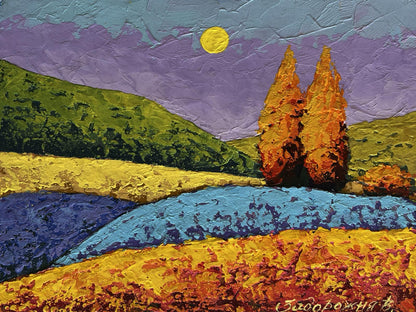 Vibrant oil painting Autumn golden fields V. Zadorozhnya orange trees purple sky