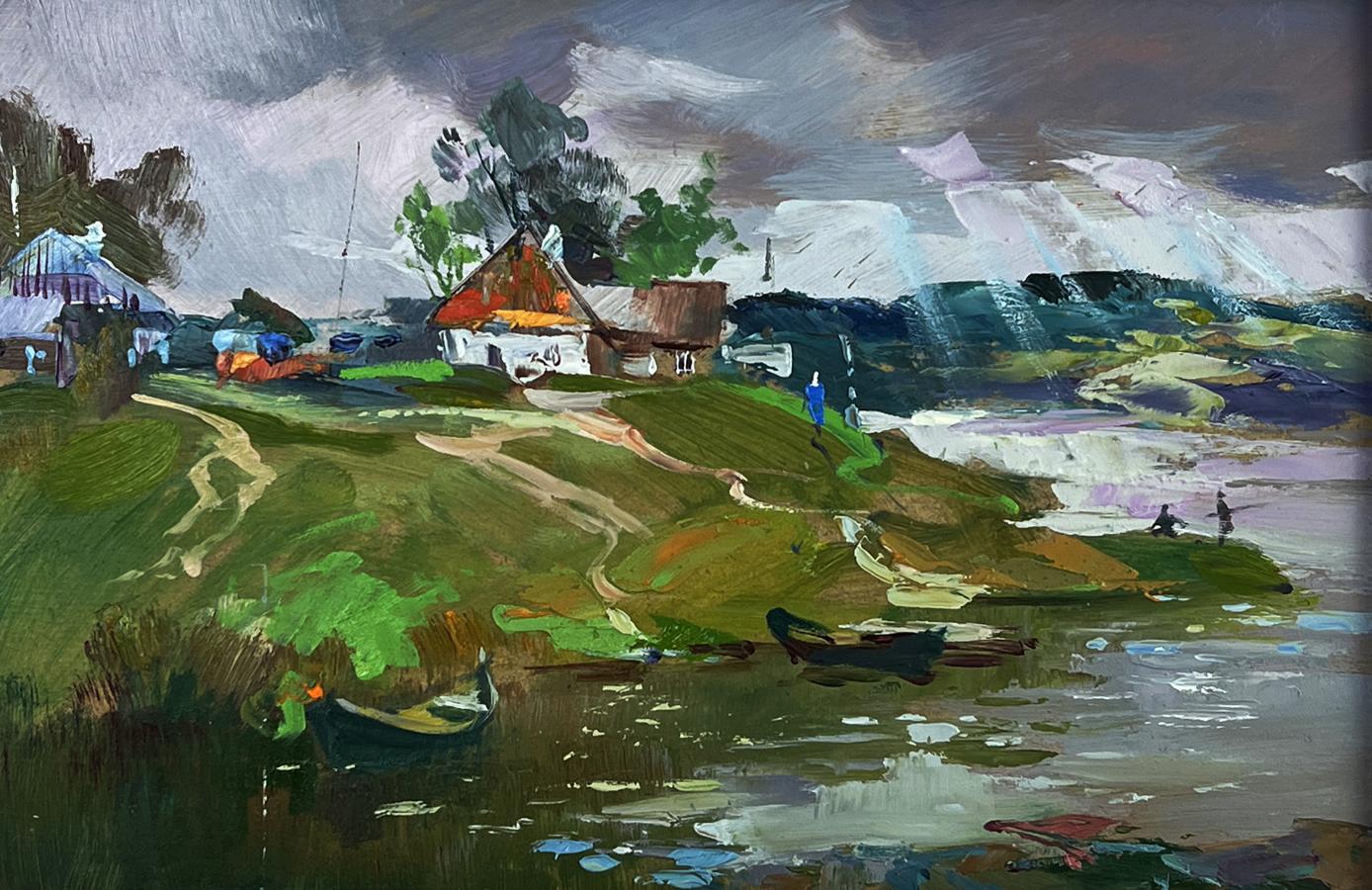 Oil painting of river near village by Yuriy Suprunchuk