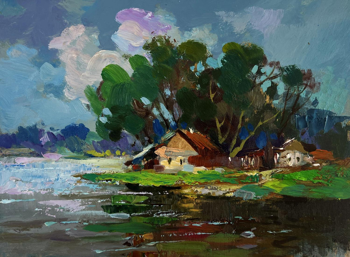 Vibrant impressionist oil painting by Yuriy Suprunchuk: river flows past rustic cottage village