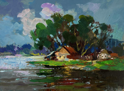 Vibrant impressionist oil painting by Yuriy Suprunchuk: river flows past rustic cottage village