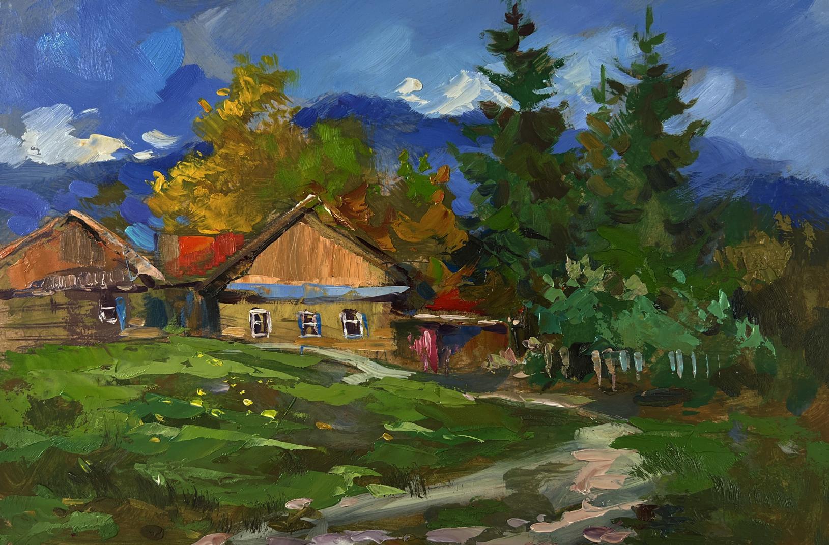 Oil painting Path to the village by Yuriy Suprunchuk: rustic house with red roof