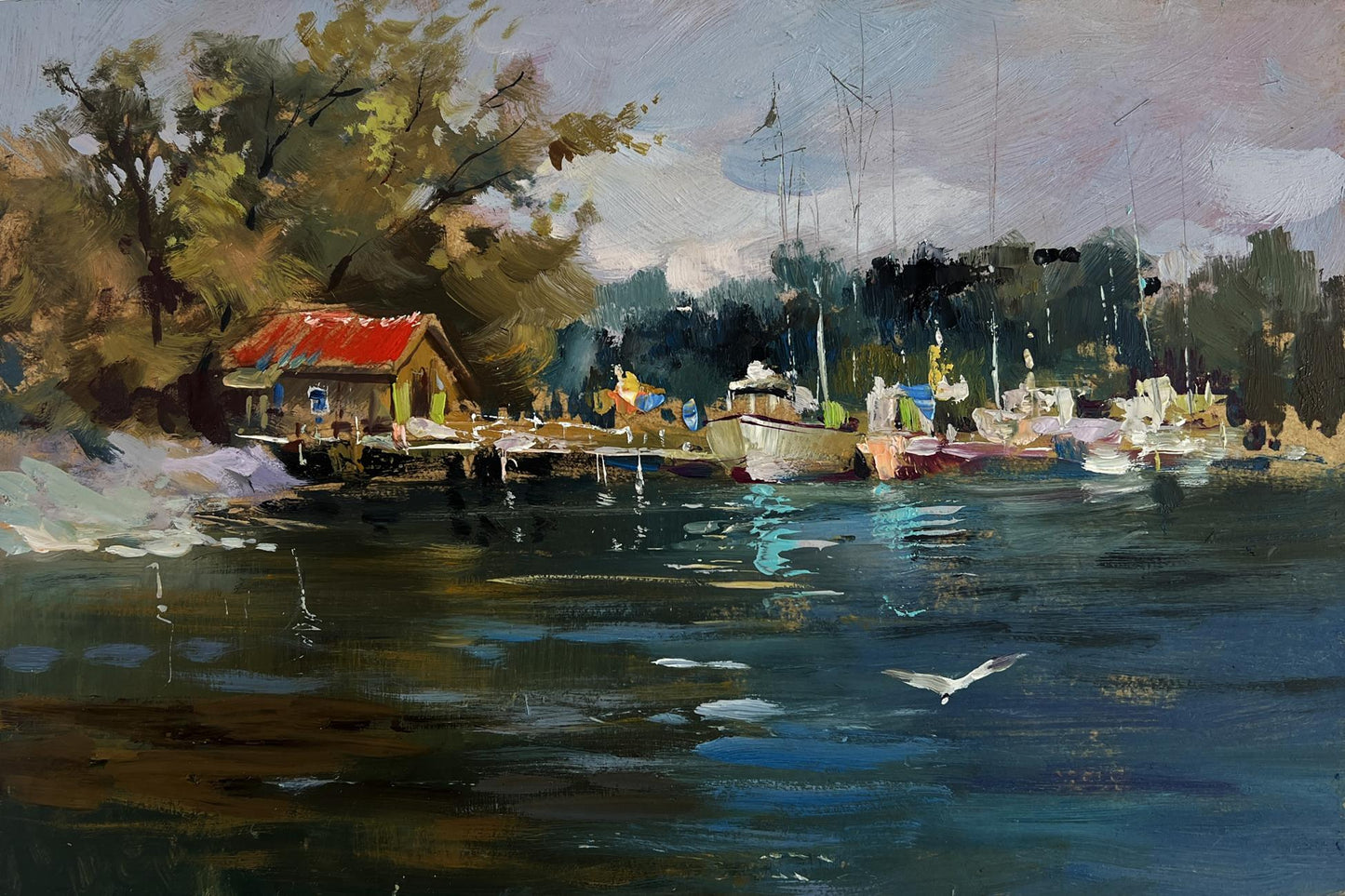 Oil painting of red-roofed boathouse and moored boats at small yacht club by Yuriy Suprunchuk