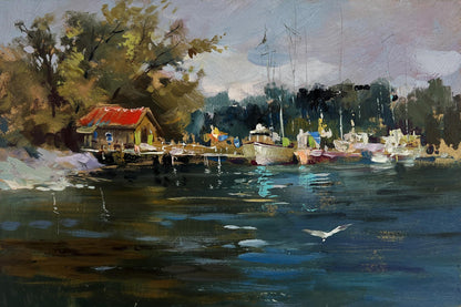 Oil painting of red-roofed boathouse and moored boats at small yacht club by Yuriy Suprunchuk