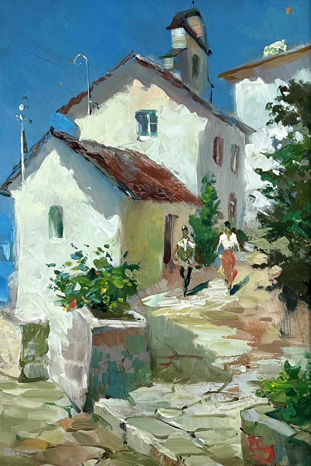 Oil painting by Yuriy Suprunchuk: charming white house with red roof in village